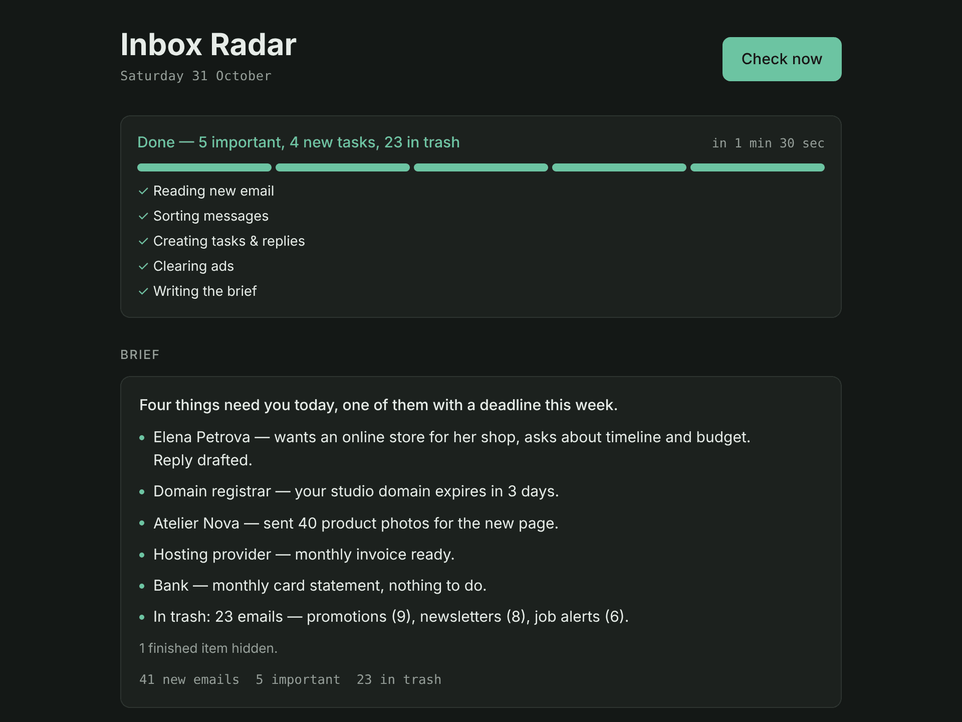 Inbox Radar morning brief with the completed check